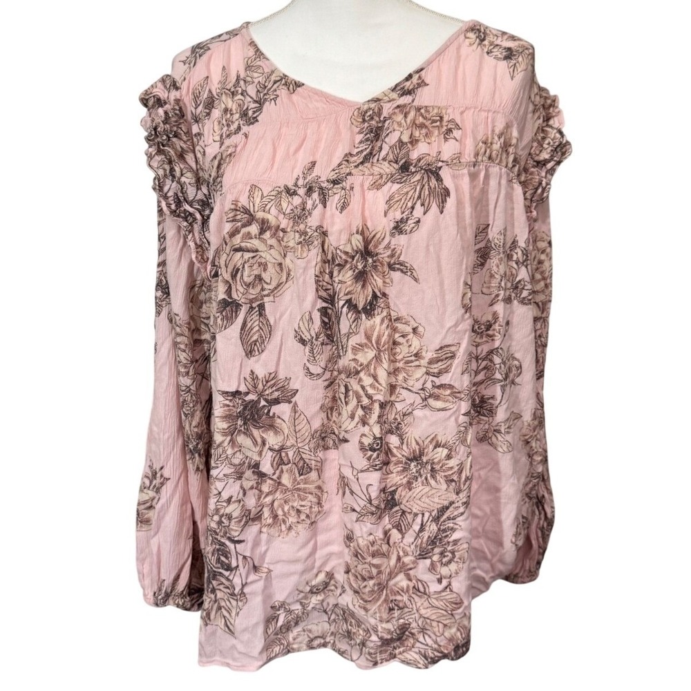 Floral Print Pink Blouse Ruffle Long Sleeve Boho‎ Peasant Top Plus 2x